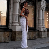 Women fall/winter contrast color Patchwork Halter Neck lace-up backless Sexy Bodycon Dress