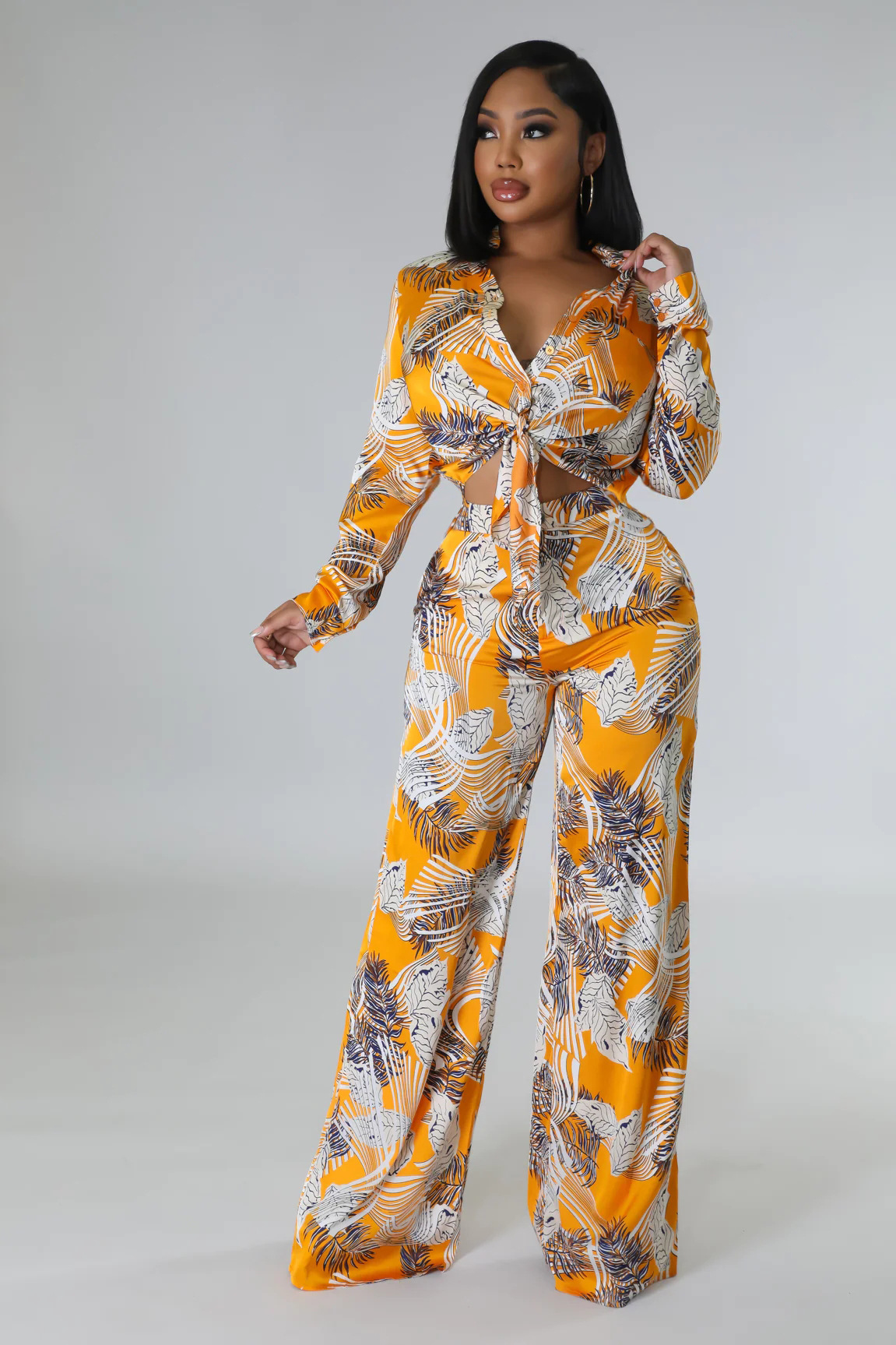 Summer Print Stand Collar Long Sleeve Shirt Top Wide Leg Pants Fashion Two-Piece Set