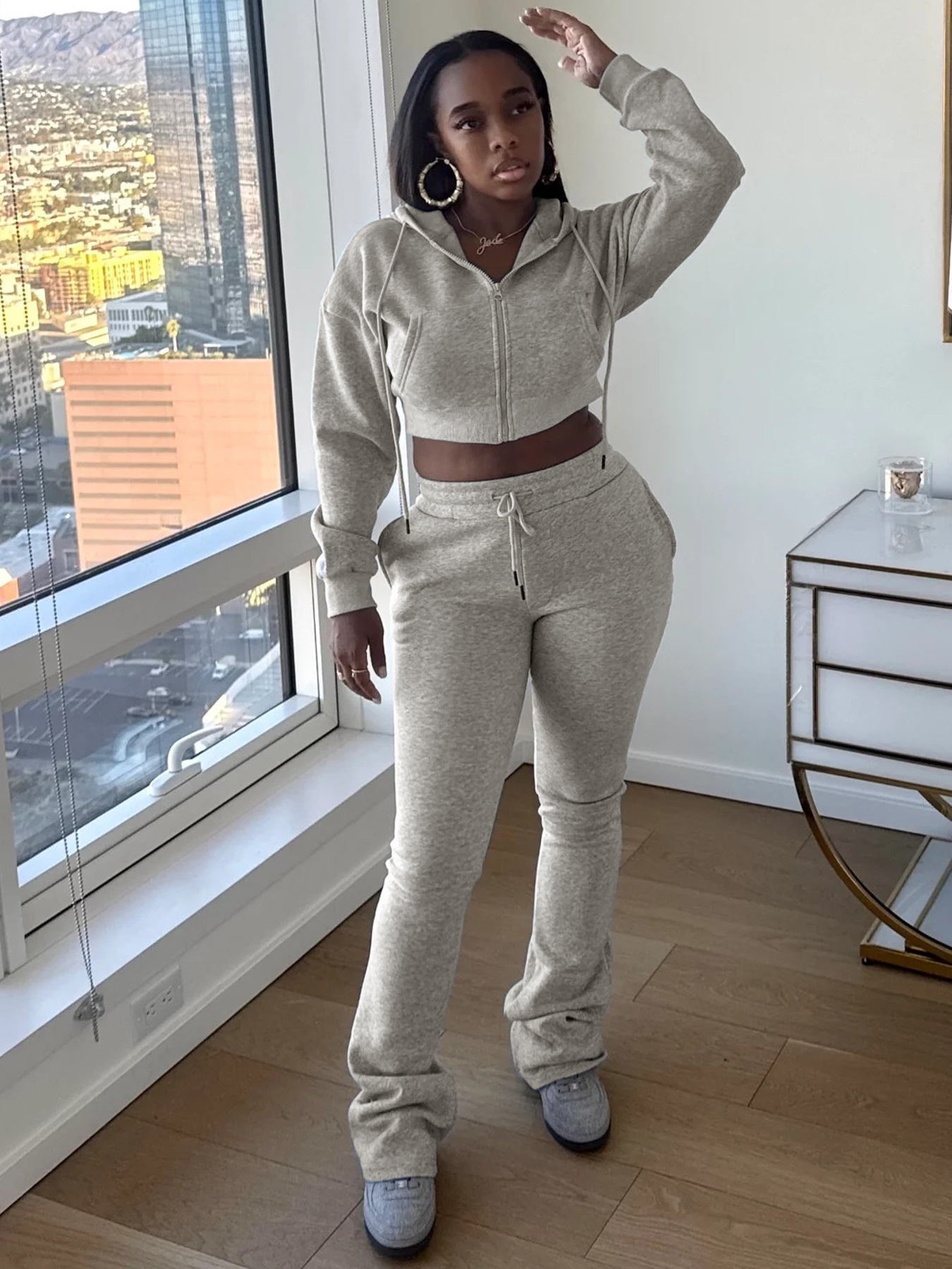 Women Hoodies and Bell Bottom Pants Two-Piece Set