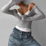 Women casual solid contrast color halter top T-shirt two-piece set