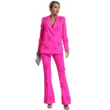Autumn Women's Fashion Chic Career Turndown Collar Jacket + Pants Floral Set