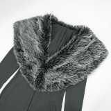 Women Fall/Winter V-Neck Furry Patchwork Shawl Collar Solid Long-Sleeved Jumpsuit