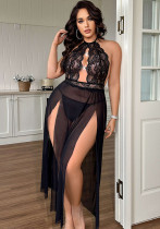 Plus-Size Women Halter Neck See-Through Lace Maxi Dress