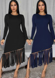 Women Solid Round Neck Tassel Dress