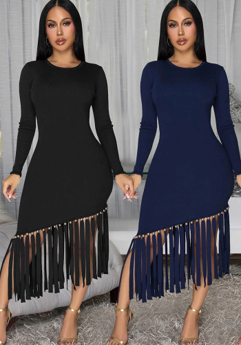 Women Solid Round Neck Tassel Dress