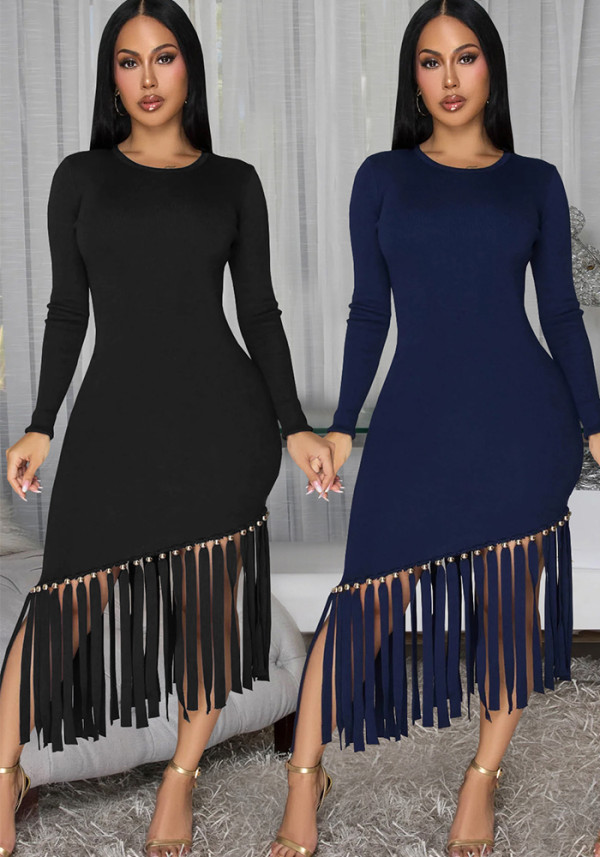 Women Solid Round Neck Tassel Dress