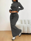 Women Solid Striped Half-Turtleneck Long-Sleeved Top and Skirt Two-Piece Set