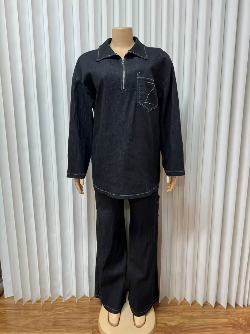 Women Autumn Denim Long-Sleeved Embroidered Turndown Collar Top and Two-Piece Pants Set