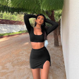 Fashion Women's Rib Long Sleeve Camisole Top Sexy Slit Tight-Fitting Bodycon Short Skirt Set