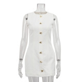 Women White French Sleeveless Round Neck Dress