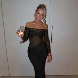 Women Beaded Sexy Mesh See-Through Formal Party Maxi Dress