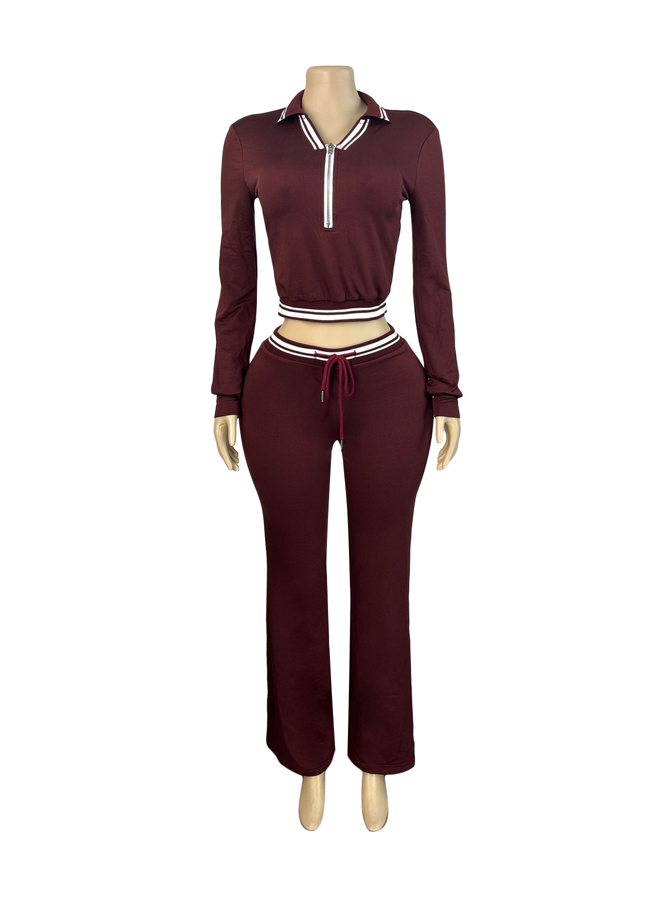 Women Turndown Collar Half-Zip Top and Drawstring Wide-Leg Pants Casual Athletic Two-Piece Set