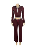 Women Turndown Collar Half-Zip Top and Drawstring Wide-Leg Pants Casual Athletic Two-Piece Set