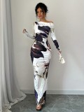 Spring Autumn Slash Shoulder Sexy Long Sleeve Slim Fit Long Dress