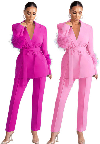 Fuzzy Fashion Casual Long Sleeve Two-Piece Blazer and Pants Set