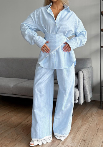 Women Patchwork Lace Striped Turndown Collar Long Sleeve Shirt and Casual Wide-Leg Pants Set
