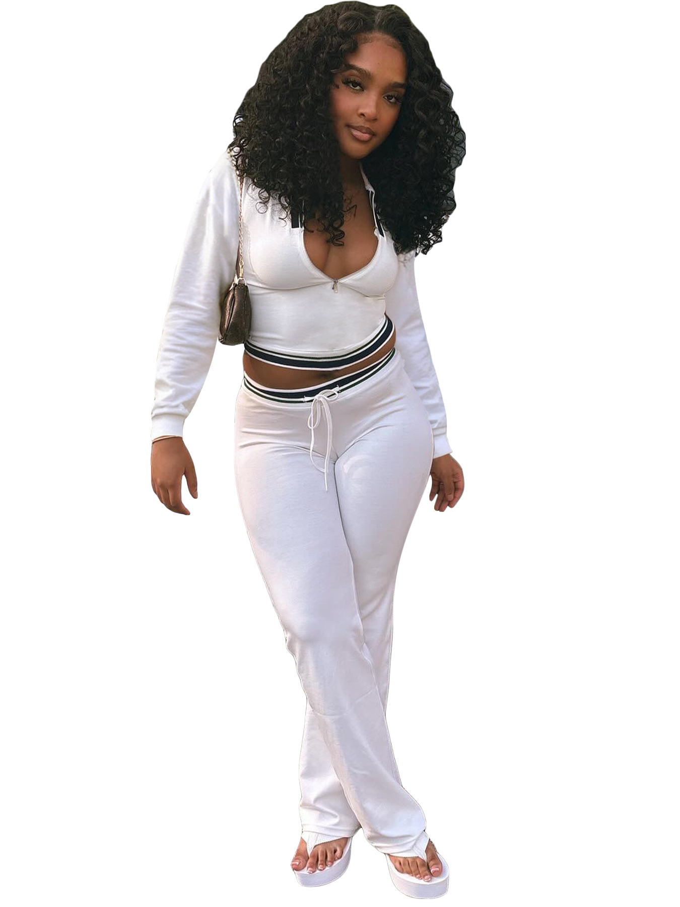 Turndown Collar Half-Zip Top & Wide-Leg Pants Athletic Set