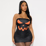 Women's Autumn Strapless Halloween Print Tight-Fitting Mini Bodycon Dress