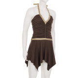 Women American-Style V-Neck Ethnic Ribbon Contrast Color Patchwork irregular pleated Halter Neck dress