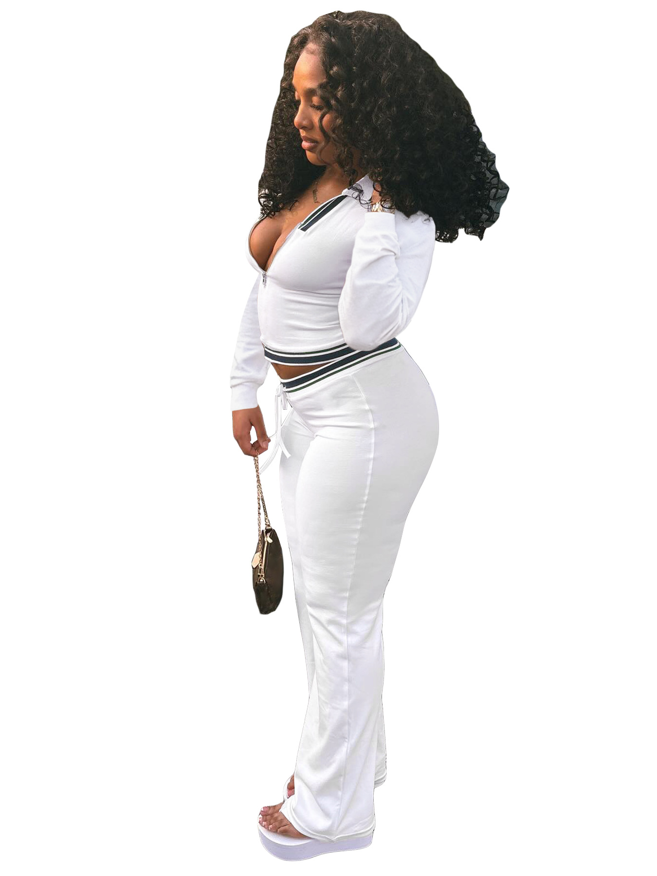 Turndown Collar Half-Zip Top & Wide-Leg Pants Athletic Set
