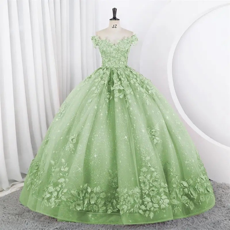 Women Puffy Tulle Embroidered Off-Shoulder Performance Costume Ball Gown