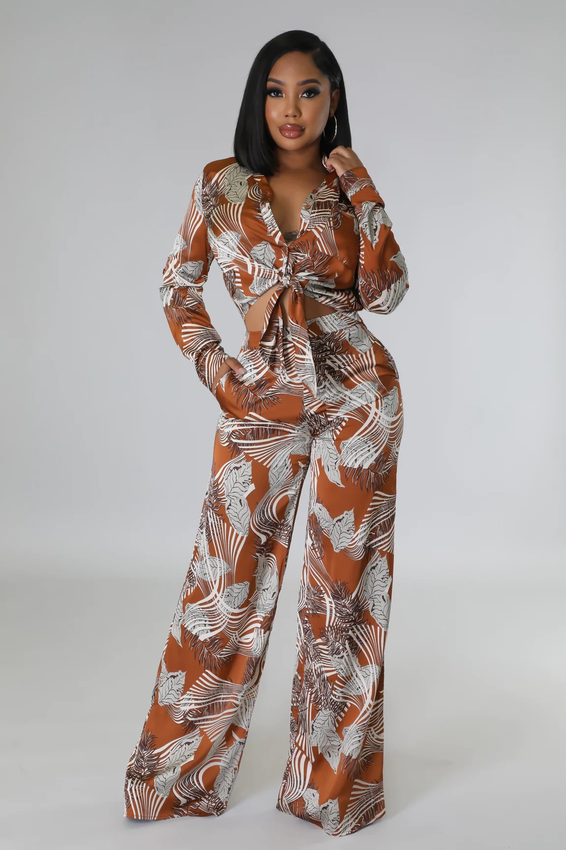 Summer Print Stand Collar Long Sleeve Shirt Top Wide Leg Pants Fashion Two-Piece Set