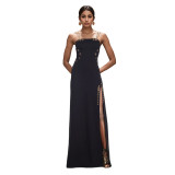 Women Elegant Gold Chain Sexy Strapless Slit Dress