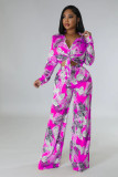 Summer Print Stand Collar Long Sleeve Shirt Top Wide Leg Pants Fashion Two-Piece Set