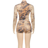 Autumn Women's Sexy Crop Top Bodycon Shorts Fashion Print Set
