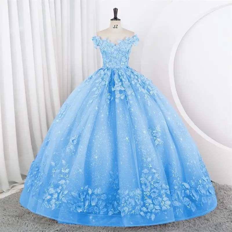 Women Puffy Tulle Embroidered Off-Shoulder Performance Costume Ball Gown