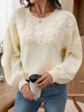 Autumn Winter Embroidery Daisy Pullover Round Neck Loose Knitting Sweater