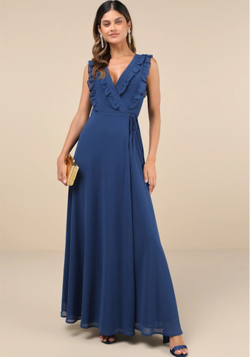 Women solid sleeveless V-neck Ruffle Edge dress