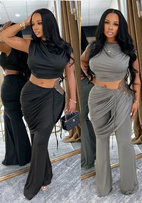 Women Casual Sleeveless Crop Top and Two-Piece Pants Set