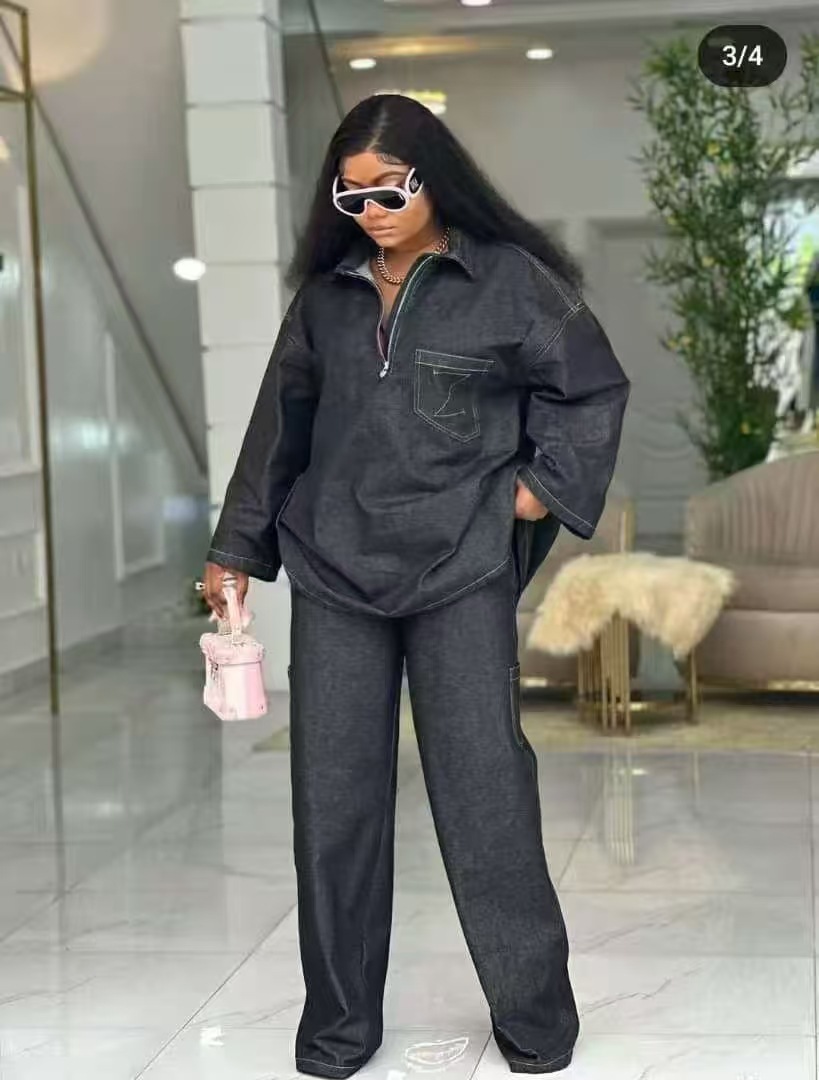 Women Autumn Denim Long-Sleeved Embroidered Turndown Collar Top and Two-Piece Pants Set