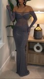 Women Beaded Sexy Mesh See-Through Formal Party Maxi Dress