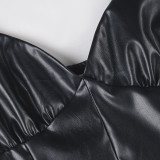 Women sexy V-neck halter slit stretchy Pu-Leather bodycon dress