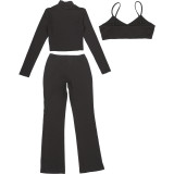 Women Autumn Hollow-Neck Long-Sleeved Top and Pants Two-Piece Set