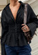 Women Pleated Casual Solid V-Neck Shirt