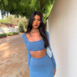 Fashion Women's Rib Long Sleeve Camisole Top Sexy Slit Tight-Fitting Bodycon Short Skirt Set