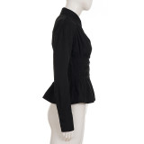 Women Pleated Casual Solid V-Neck Shirt
