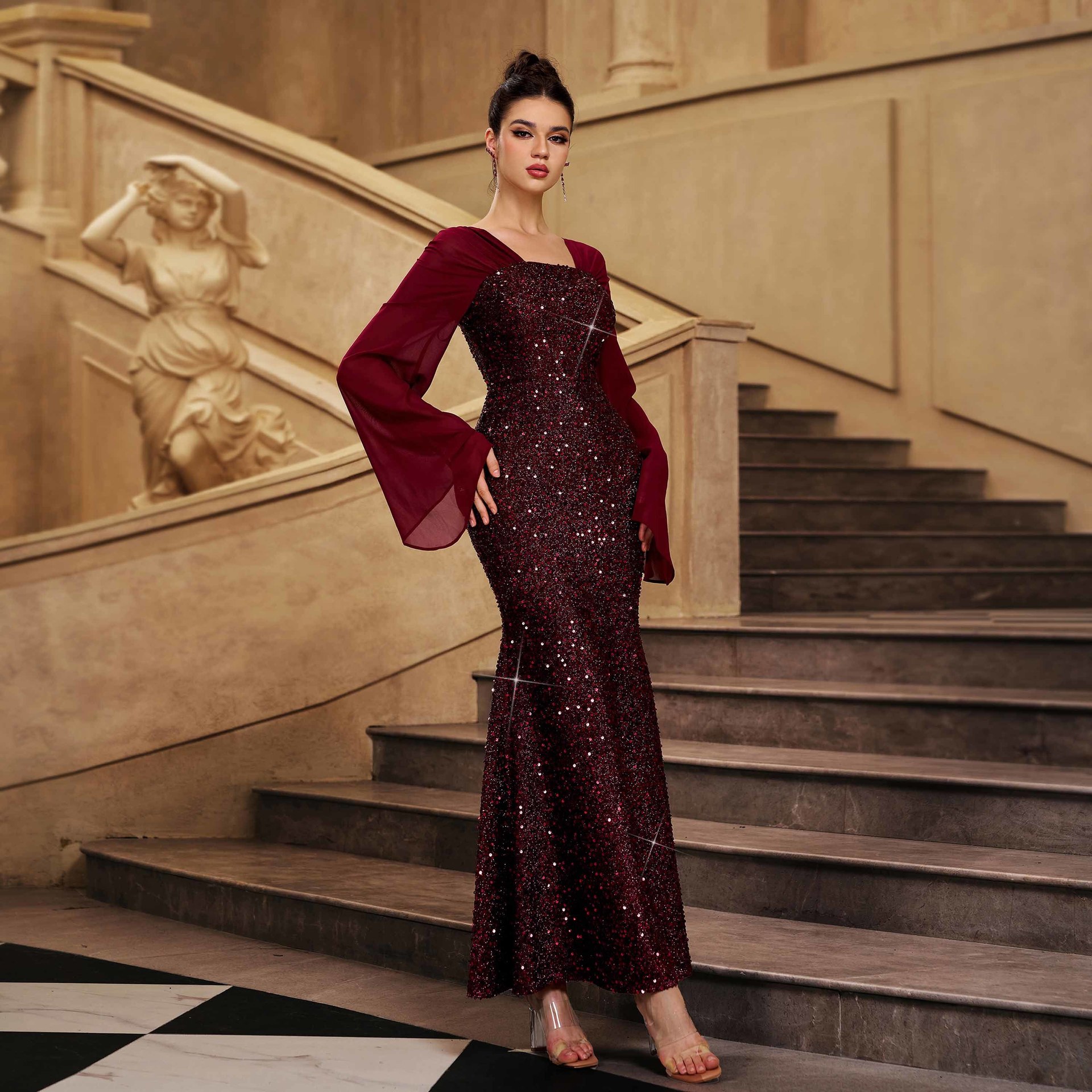 Women Long-Sleeved V-Neck Formal Party Sequined Maxi Dress