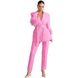 Fuzzy Fashion Casual Long Sleeve Two-Piece Blazer and Pants Set
