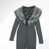 Women Fall/Winter V-Neck Furry Patchwork Shawl Collar Solid Long-Sleeved Jumpsuit