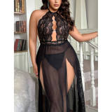 Plus-Size Women Halter Neck See-Through Lace Maxi Dress