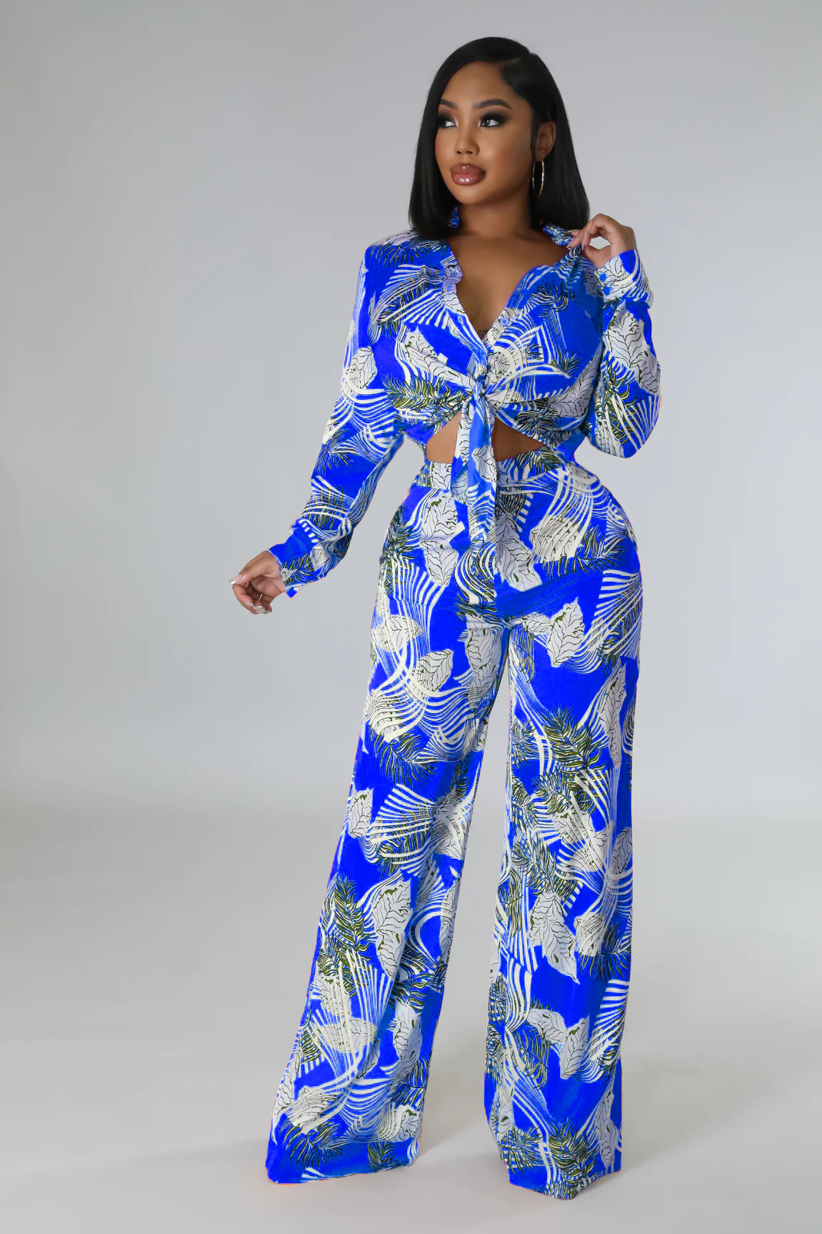 Summer Print Stand Collar Long Sleeve Shirt Top Wide Leg Pants Fashion Two-Piece Set