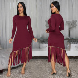 Women Solid Round Neck Tassel Dress