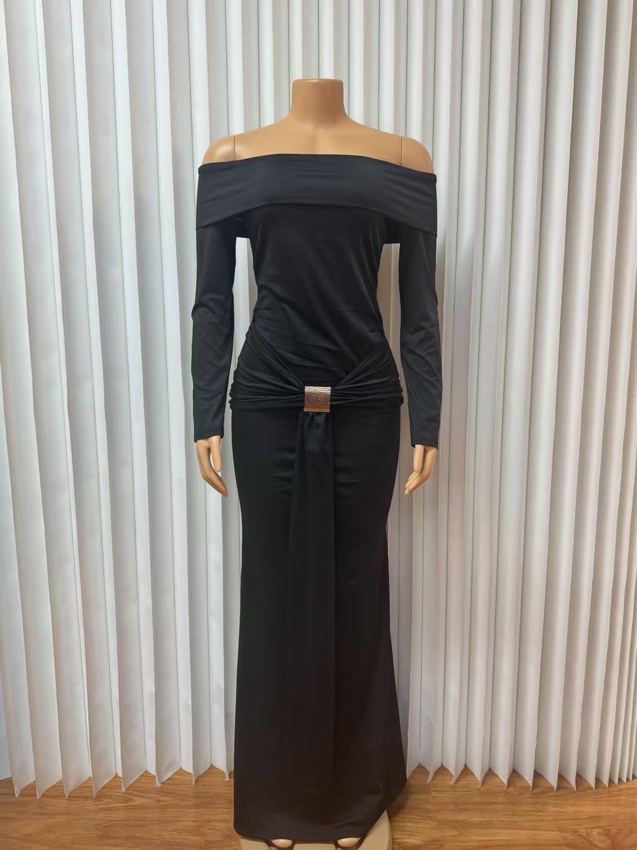 Women Off Shoulder Solid Long Sleeve Sexy Bodycon Dress