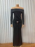 Women Off Shoulder Solid Long Sleeve Sexy Bodycon Dress