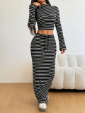 Women Solid Striped Half-Turtleneck Long-Sleeved Top and Skirt Two-Piece Set
