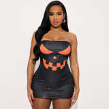 Women's Autumn Strapless Halloween Print Tight-Fitting Mini Bodycon Dress